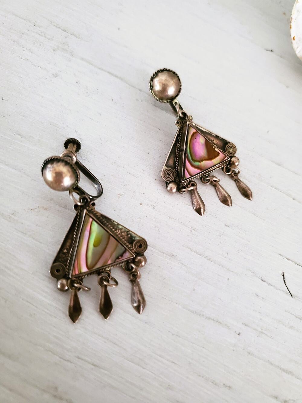 Vintage Sterling Silver Abalone Shell Dangle Screw On Earrings
